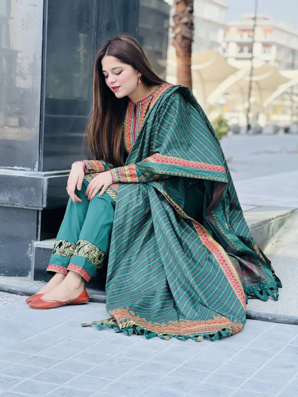 Cotton 3 Piece Green Suit-033 - Image 7