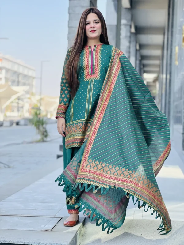 Cotton 3 Piece Green Suit-033 - Image 4