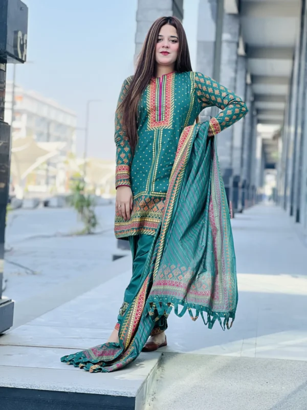 Cotton 3 Piece Green Suit-033 - Image 3