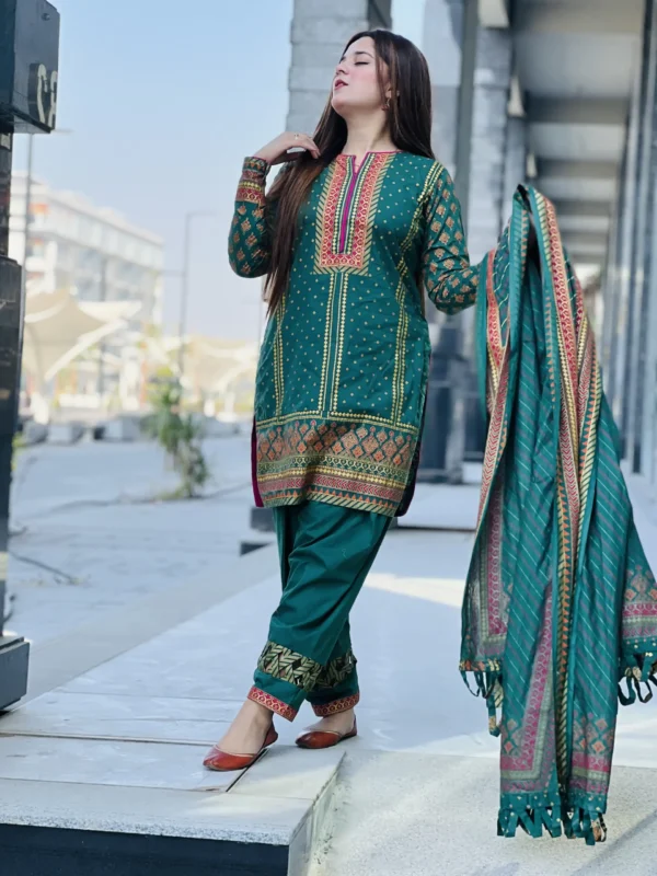 Cotton 3 Piece Green Suit-033 - Image 2
