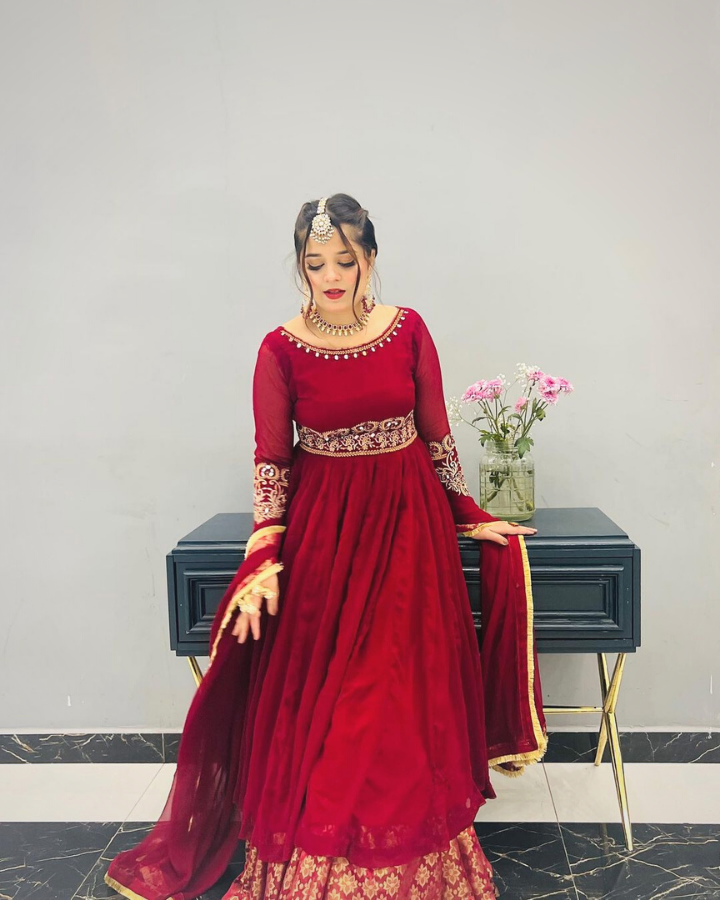 Embroidered Maroon 3 Piece Chiffon Suit