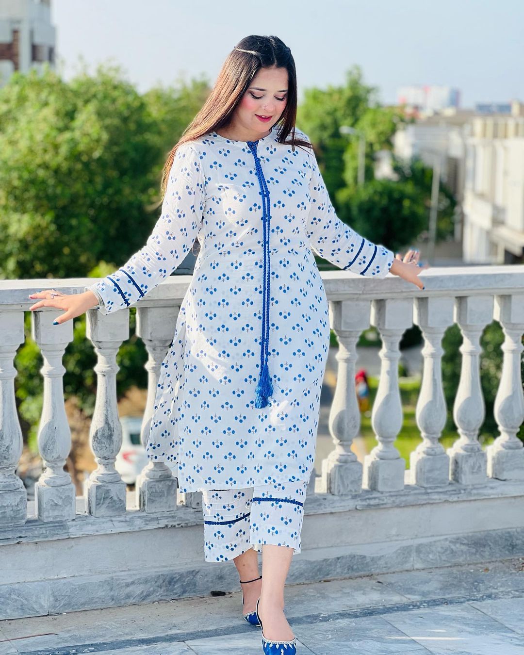 Buy Powder Blue Cotton Floral Print V-Neck Alia Cut Suit Set with Dupatta  Online at Soch India