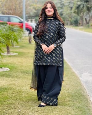 3 Piece Embroidered Raw Silk Suit - 354