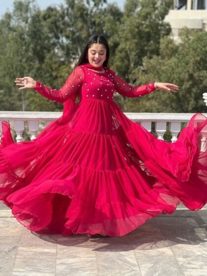 Chiffon Handcrafted Pearl Work Frock