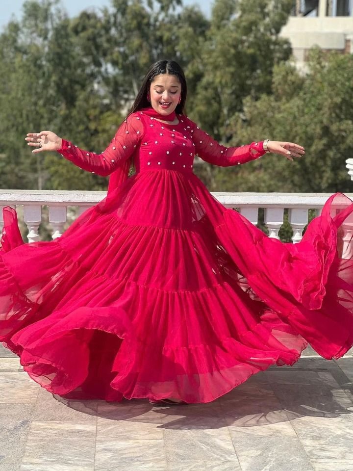 Chiffon Handcrafted Pearl Work Frock